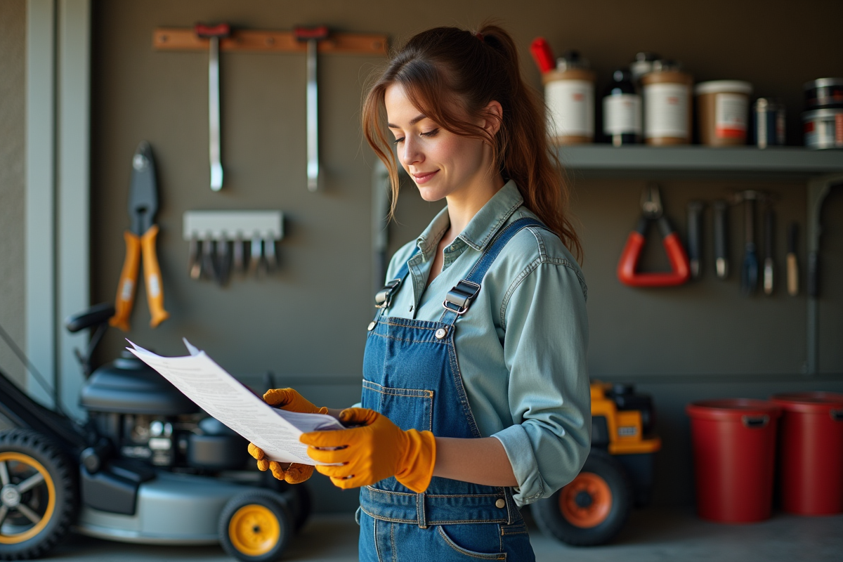 Jeune femme en vêtements de travail lisant un manuel de tondeuse électrique