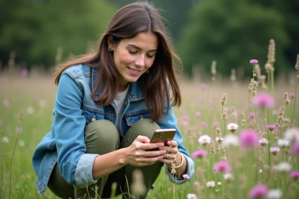 Jeune femme en nature utilisant son Android pour identifier des fleurs