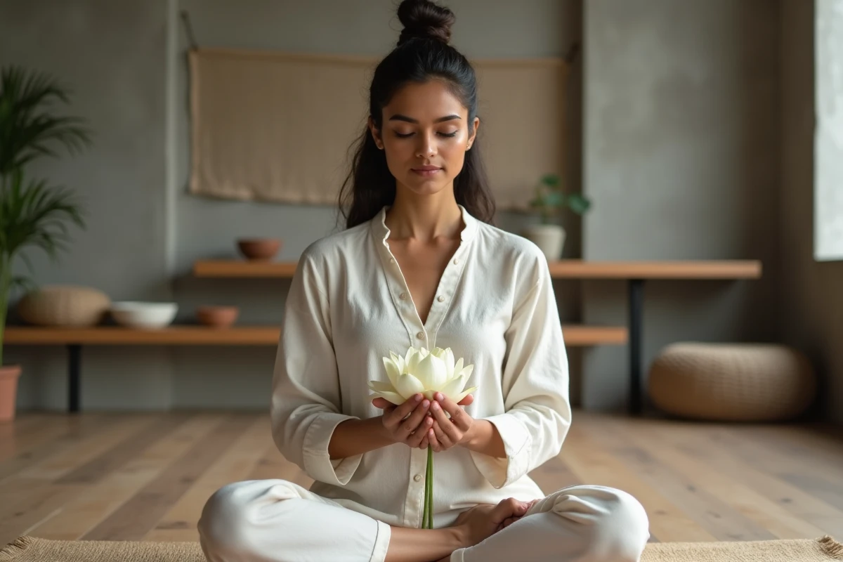 Femme en méditation tenant une fleur de lotus blanche dans un studio de yoga minimaliste, illustrant la symbolique spirituelle et la vraie signification du lotus