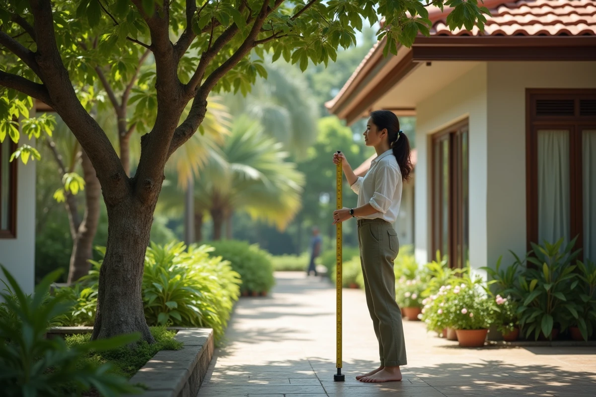 Femme mesurant un arbre de goyavier dans le jardin