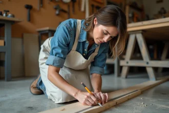 Femme débutante mesurant des planches en bois pour construire une jardinière dans un atelier artisanal