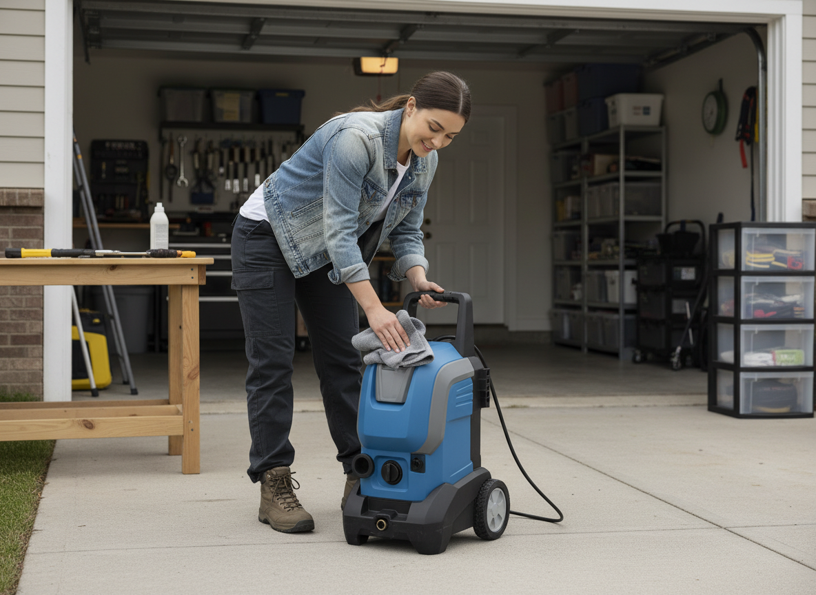 Jeune femme nettoyant un nettoyeur pression dans le garage