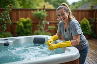 Femme en vêtements casual nettoyant un spa extérieur