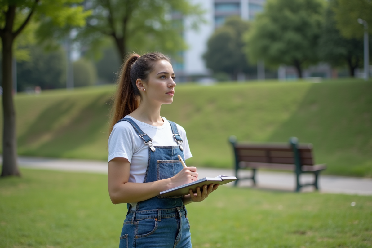 Jeune femme en salopette prenant des notes dans un parc urbain
