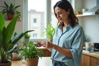 Femme d'âge moyen nettoyant une feuille de plante verte