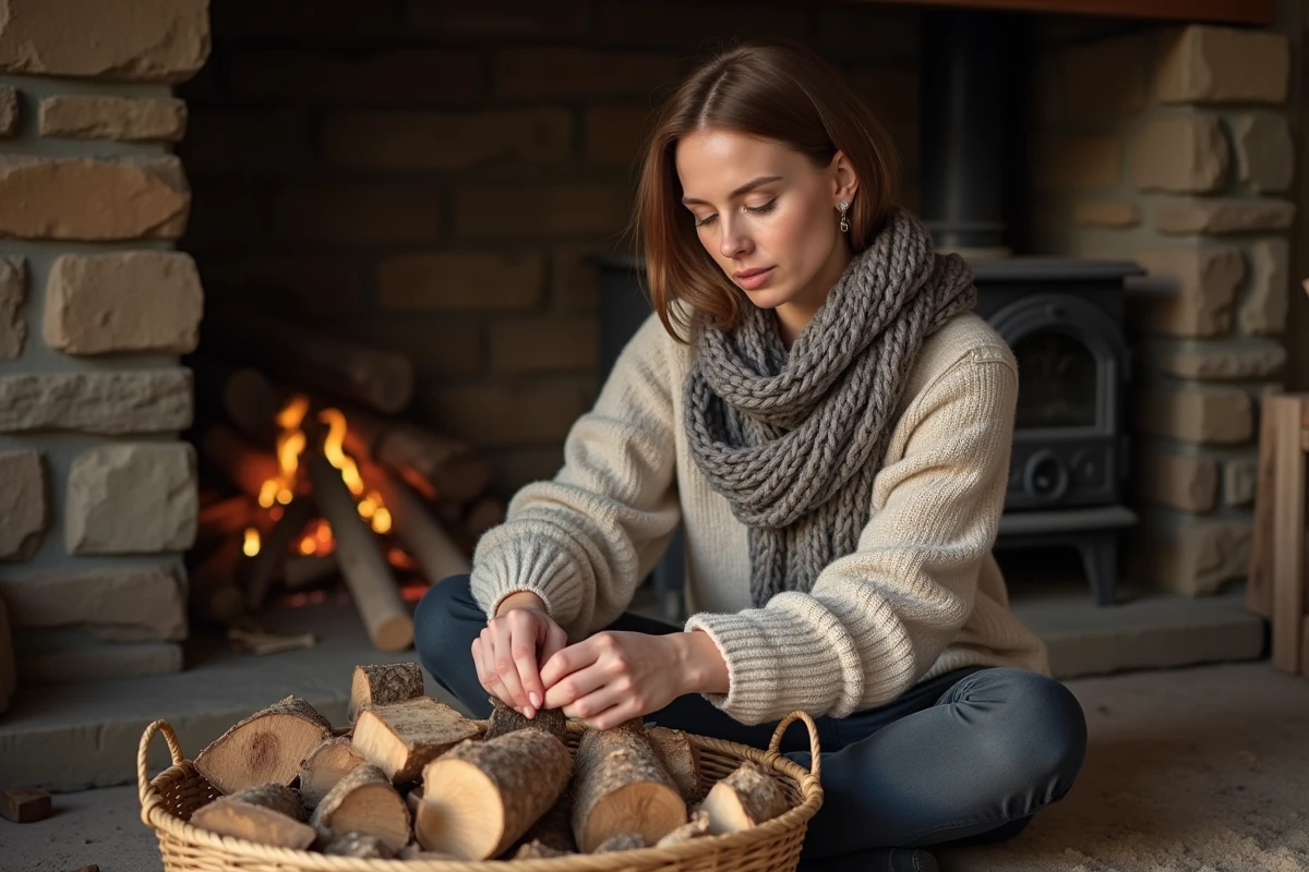 Femme arrange des bûches dans un panier à l