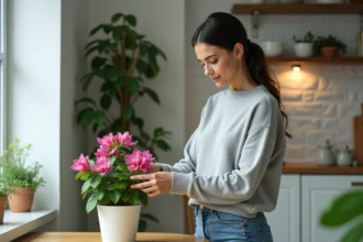 Femme prunant une bougainvillée dans un intérieur lumineux