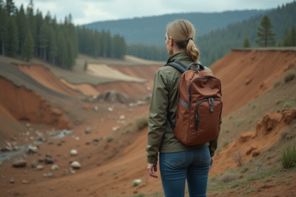 Femme en randonnée contemplant un champ déboise