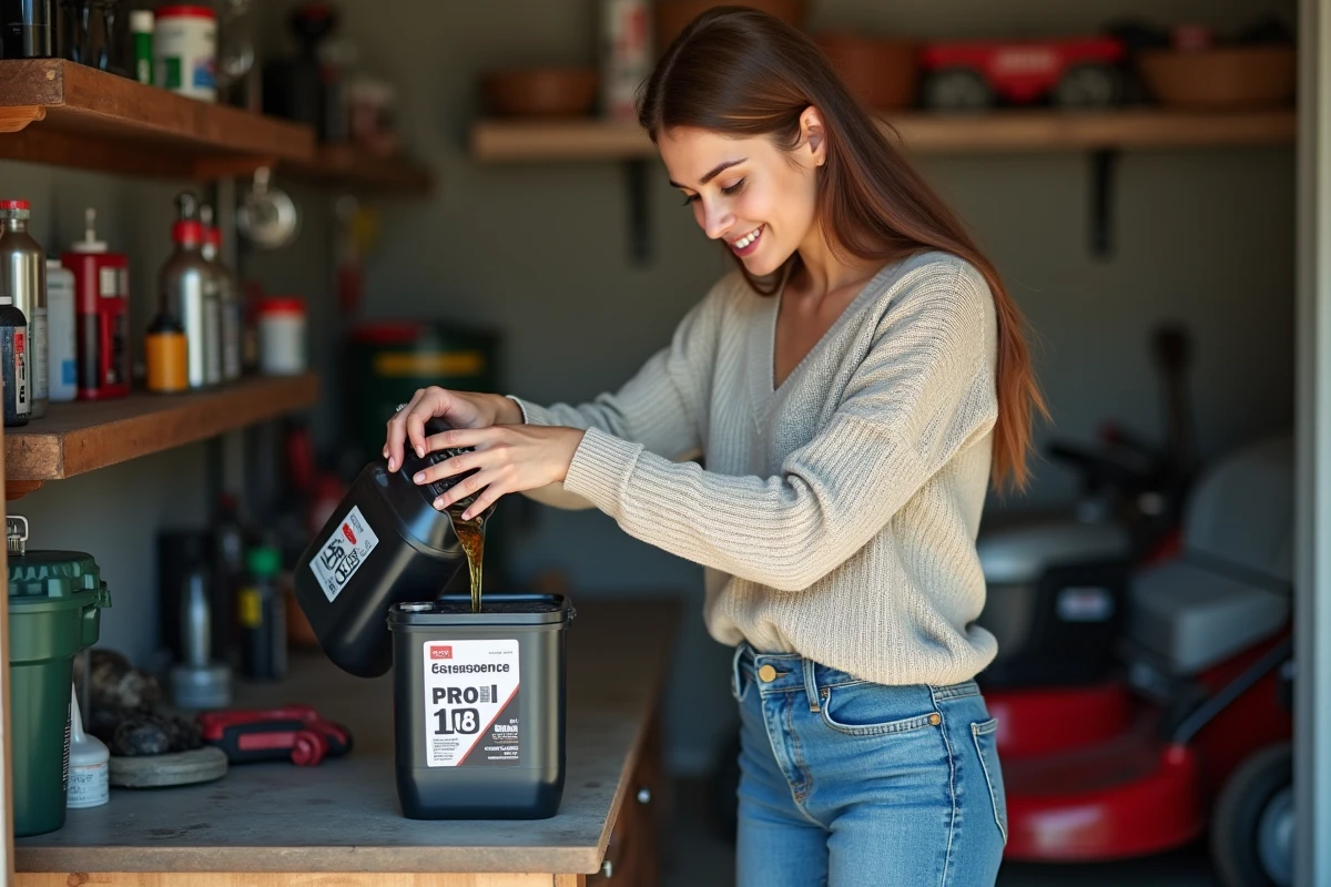 Jeune femme remplissant un récipient de carburant dans le garage