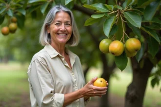 Femme souriante tenant une goyave dans un verger