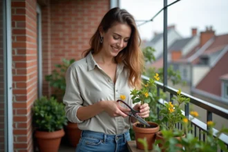 Femme taillant des bougainvillées sur un balcon urbain