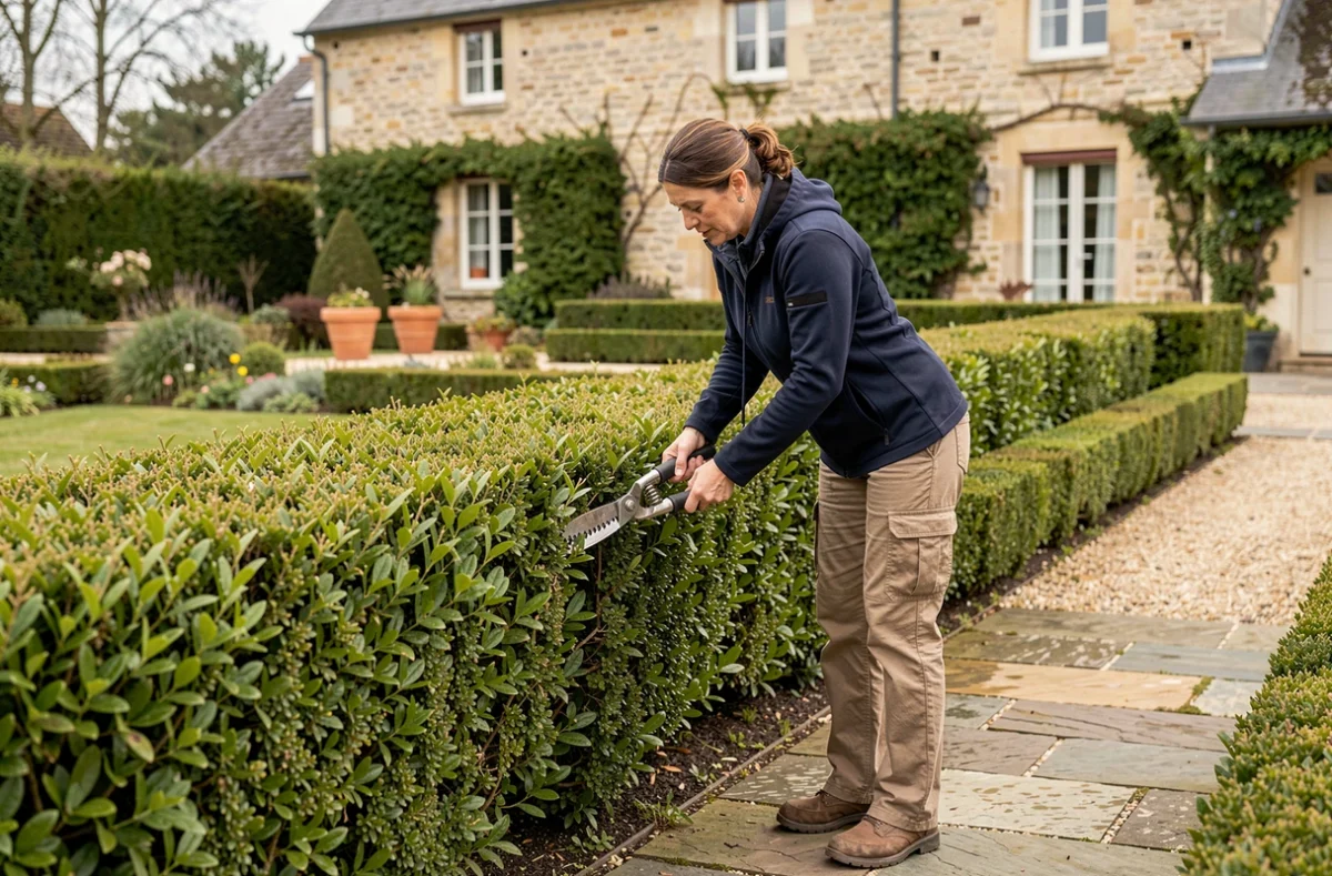 Femme taillant une haie basse de troène le long d'un chemin de jardin en pierre avec un sécateur manuel