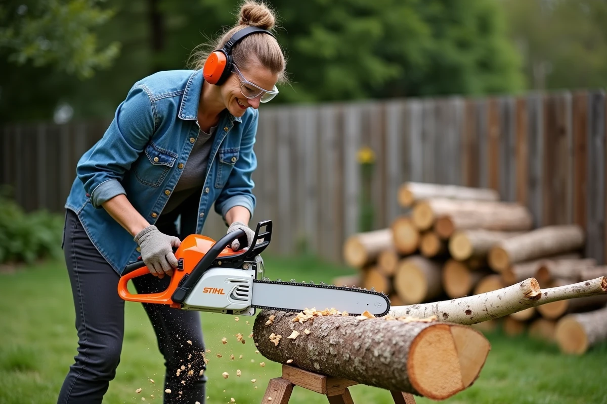 Femme utilisant une tronçonneuse Stihl MS 211 pour couper des bûches dans un jardin