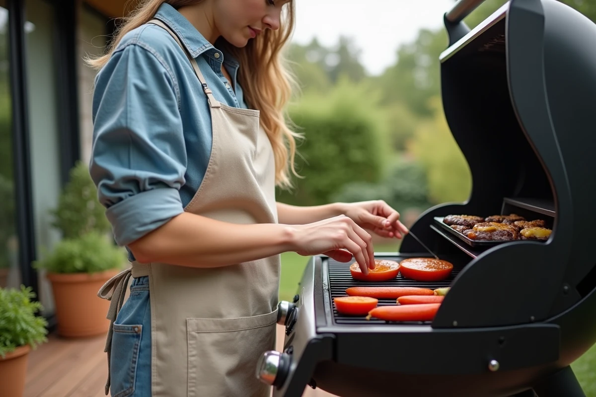 Jeune femme inspectant la grille du barbecue dans le jardin