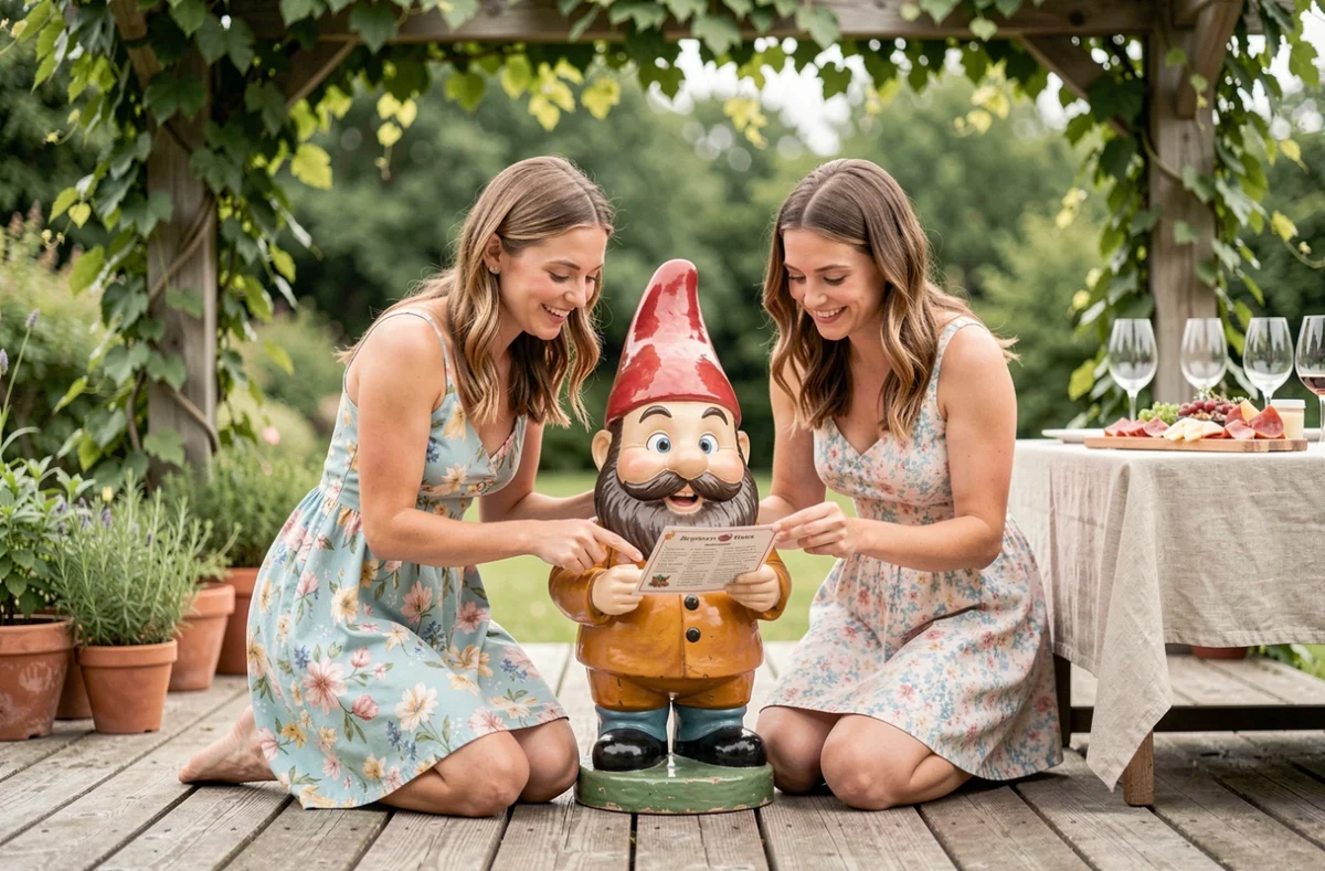 Deux femmes amusées découvrant les règles d'un jeu de nain de jardin géant sur une terrasse en bois décorée