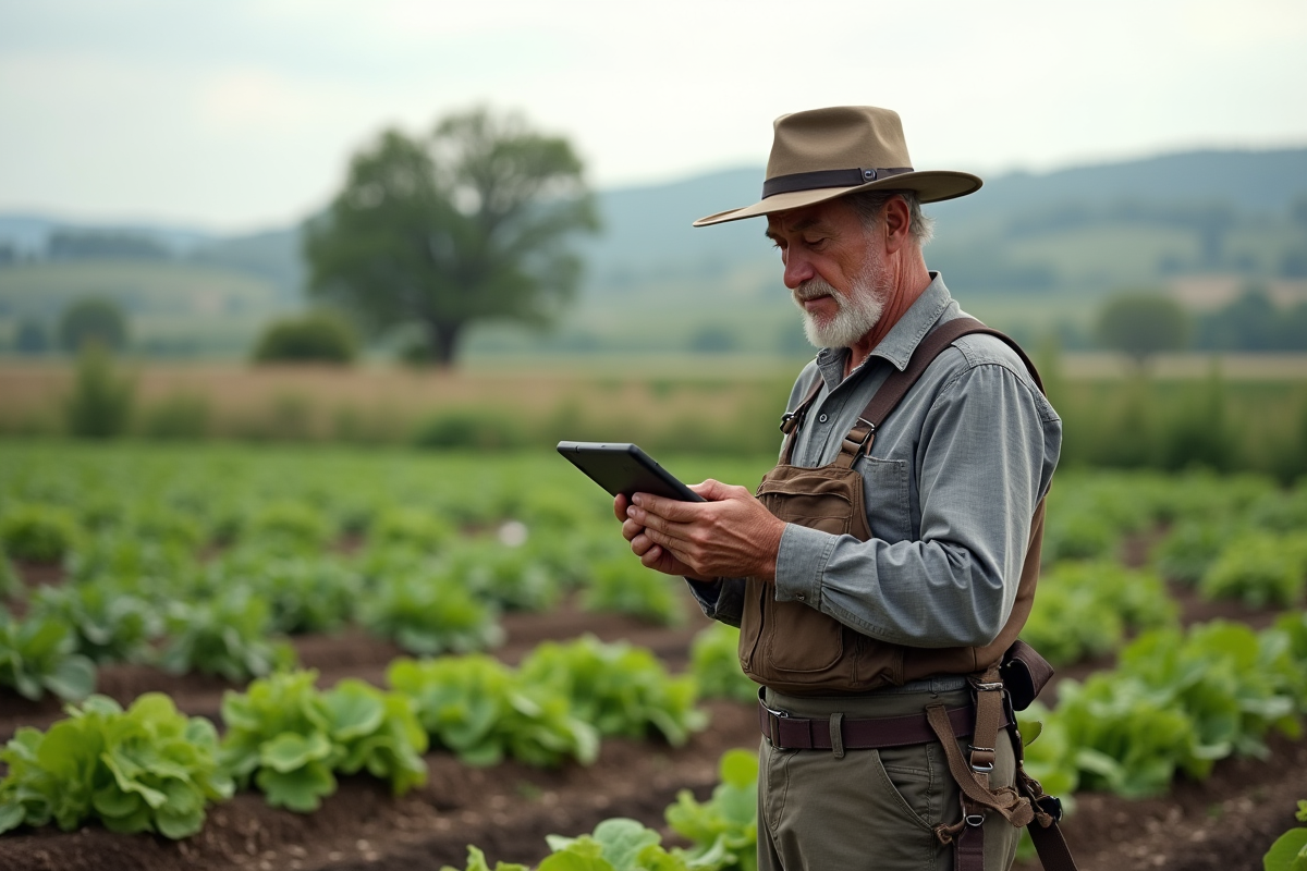 Fermier âgé surveillant ses cultures avec une tablette