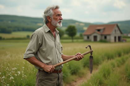 Vieux fermier français dans un champ rural avec outil ancien