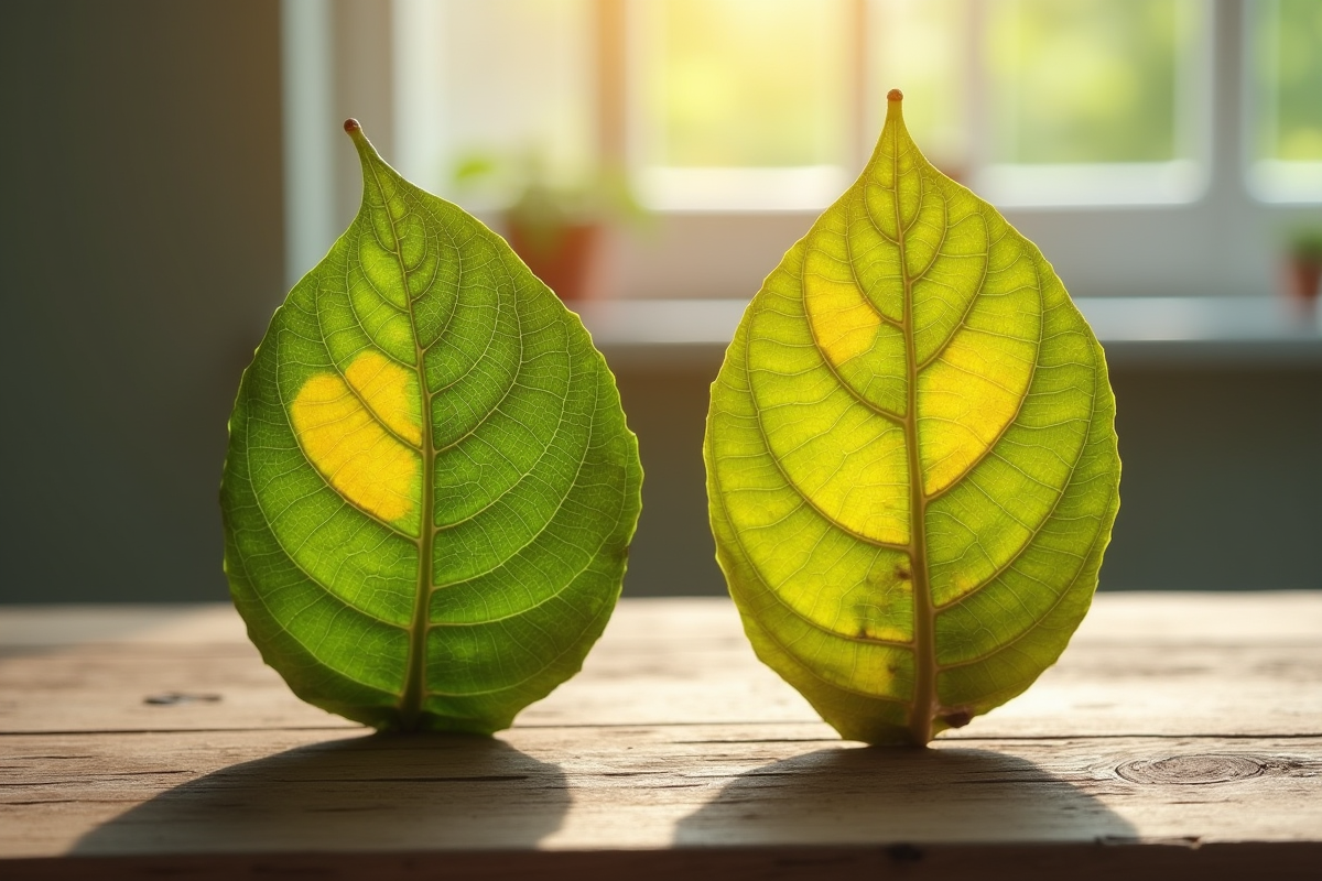 Feuilles de citron malade et saine sur table en bois au matin