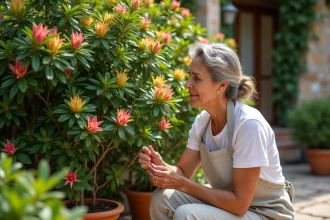Jardinière examinant des feuilles jaunes sur un laurier rose en plein été dans un jardin méditerranéen