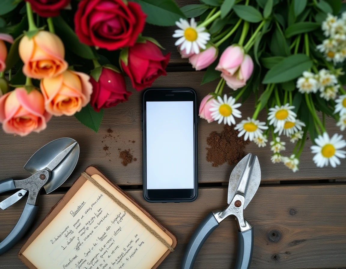 Flat-lay de smartphone avec application de reconnaissance florale entouré de fleurs coupées et outils de jardinage sur établi en bois