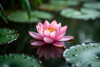 Fleur de lotus rose en pleine floraison sur un étang calme entouré de nénuphars, symbolisant la pureté et la renaissance dans la signification du lotus