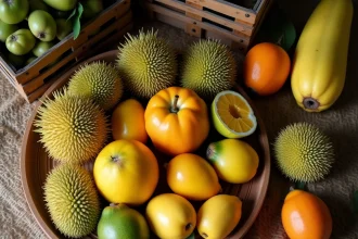 Arrangement de fruits exotiques commençant par J sur une table en bois rustique de marché fermier