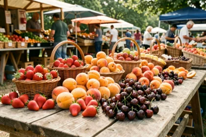 Fruits de saison de juin frais exposés sur un étal de marché : fraises, abricots et cerises dans des paniers en osier sur une table en bois rustique