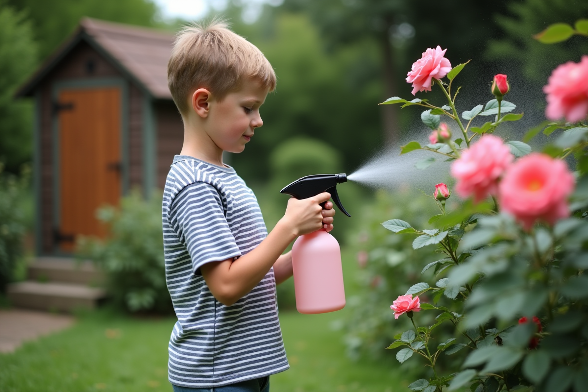 Jeune garçon arrosant des roses avec un spray recyclé dans le jardin
