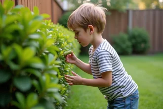 Jeune garçon observant une chenille verte dans le jardin