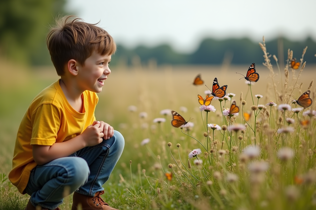 Jeune garçon regardant des papillons dans un champ de fleurs