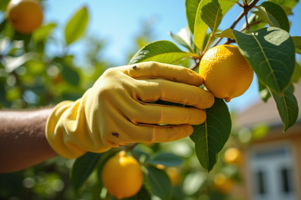 Main gantée essuyant une feuille de citronnier pour enlever des insectes