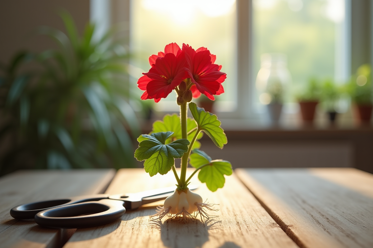 Geranium avec racines blanches sur une table en bois