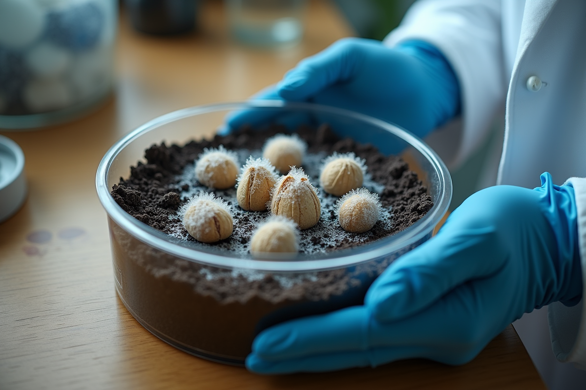 Graine recouverte de givre dans un laboratoire avec main gantée