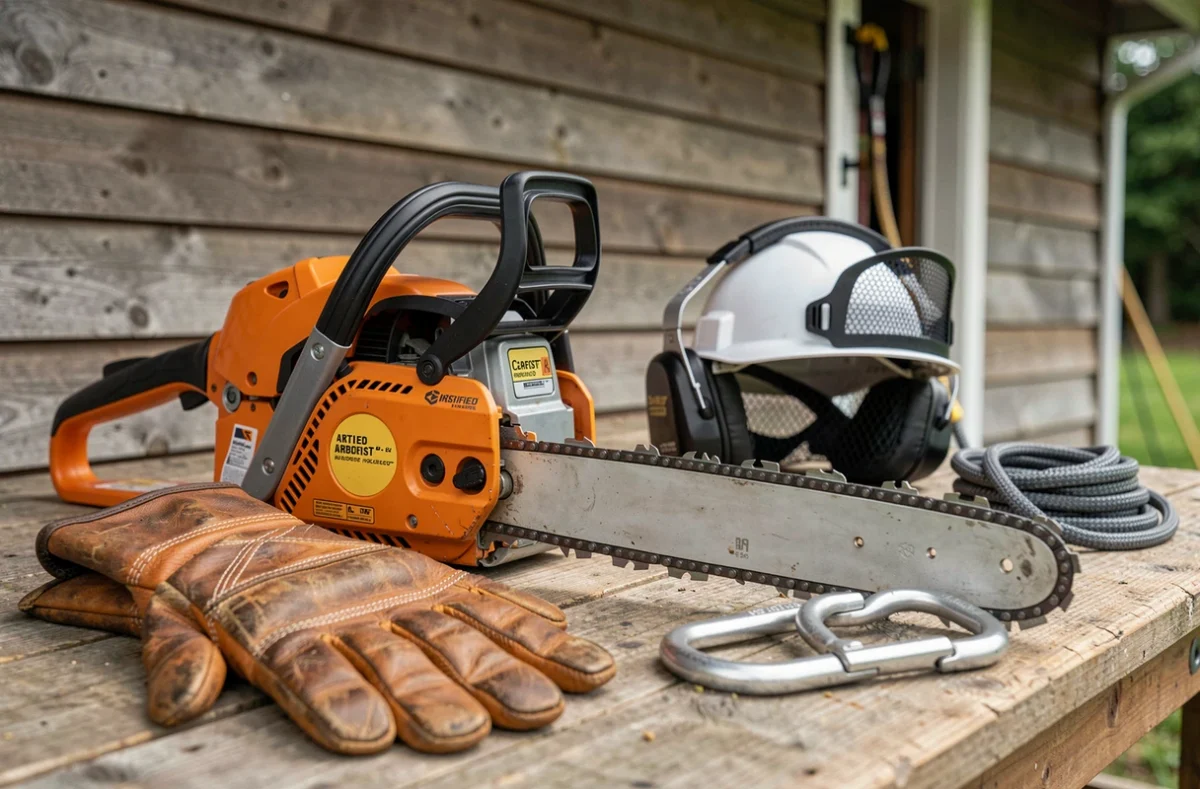 Gros plan sur un ensemble d'équipements d'élagage professionnels posés sur un établi en bois