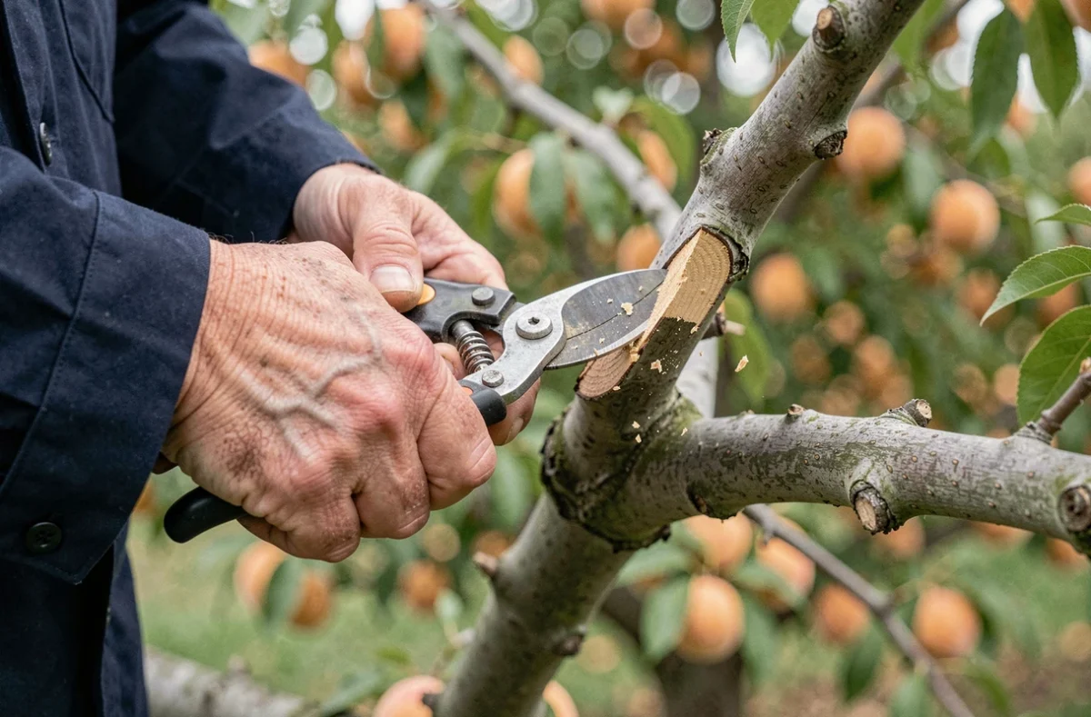 Gros plan de mains féminines utilisant un sécateur pour tailler un pêcher de vigne en verger