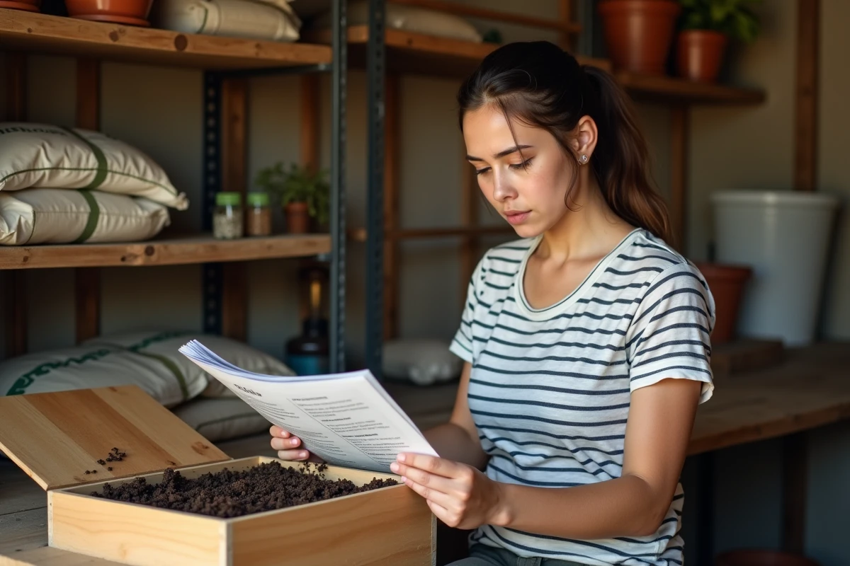 Jeune femme lisant un guide sur l'achat de vers de terre devant une boîte de lombricompostage ouverte