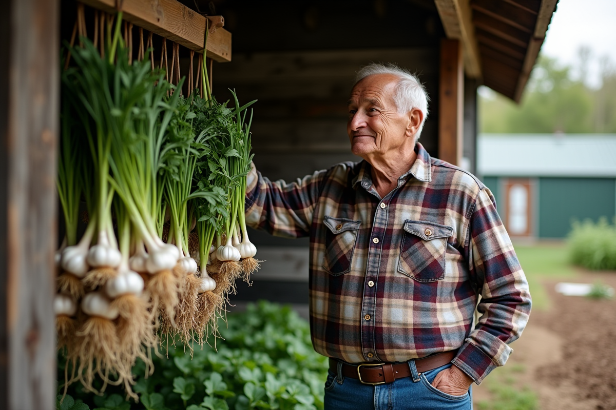 Homme accrochant des herbes et ail dans un abri de jardin
