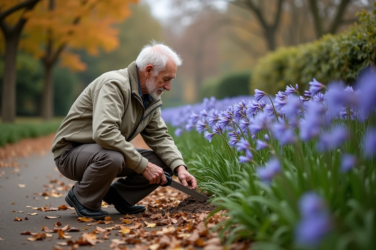 Homme âgé entretenant agapanthus en automne dans le jardin