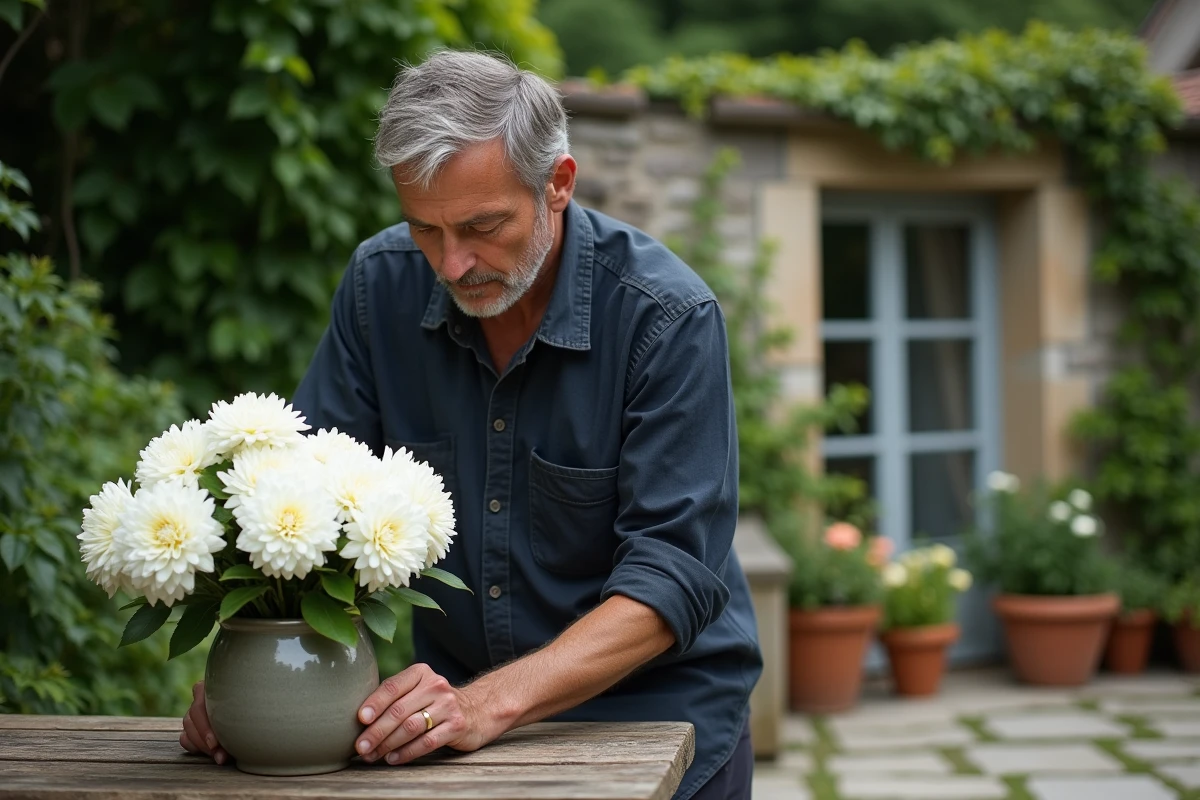 Homme d'âge moyen arrangeant des chrysanthèmes et roses blanches dans un pot en céramique au jardin, illustrant la tradition et la signification culturelle des fleurs blanches en Europe