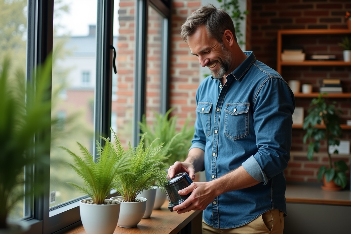 Homme arrosant des fougères dans un appartement lumineux