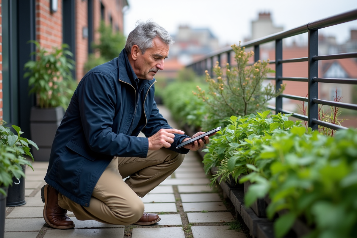 Homme avec tablette dans un jardin urbain sur balcon