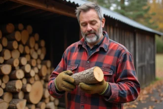 Homme en flanelle examine une bûche coupée en extérieur