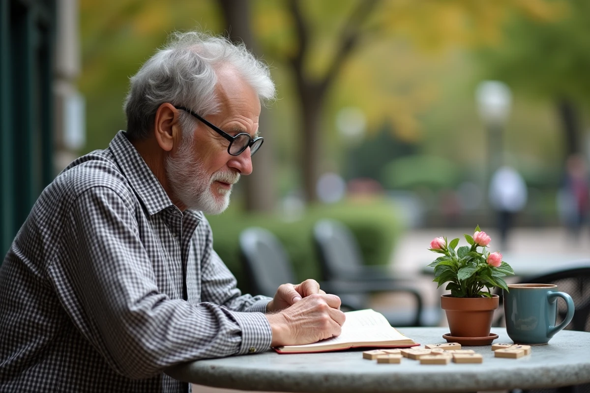Homme âgé lisant un livre dans un café en plein air