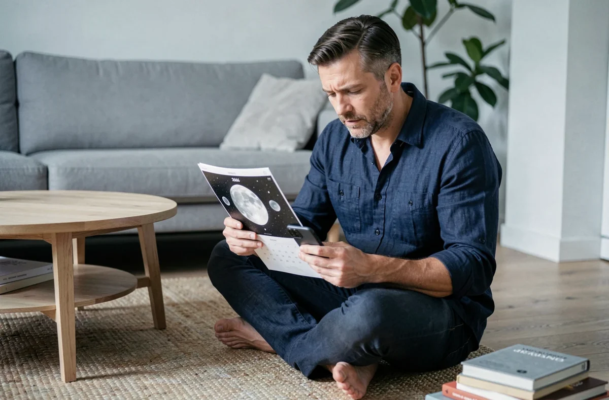 Homme comparant un calendrier lunaire 2026 imprimé avec une application sur smartphone dans un salon de style scandinave