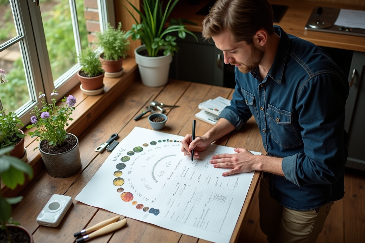Jeune homme notant les dates de plantation sur un calendrier lunaire