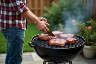 Homme d'âge moyen préparant des steaks sur un barbecue extérieur