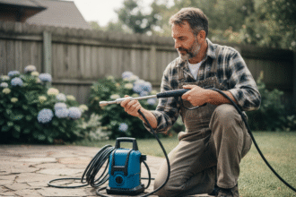 Homme en vêtements de travail inspectant un nettoyeur pression