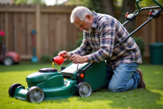 Homme en plaid et jeans entretenant une tondeuse électrique dans le jardin