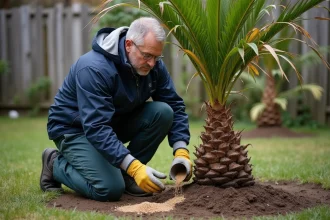Homme en veste et gants appliquant engrais à un jeune palmier