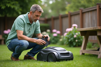 Homme inspectant des lames de tondeuse robot dans le jardin